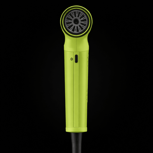 Yellow hair dryer with black nozzle on a black background