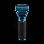 Blue and black electric shaver on a white background