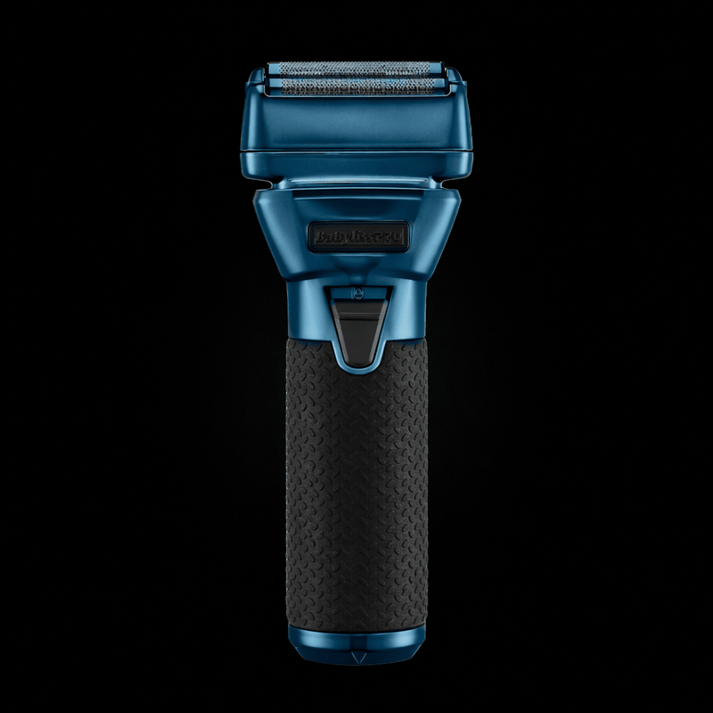Blue and black electric shaver on a white background