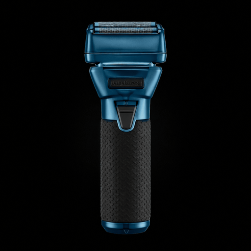 Blue and black electric shaver on a white background