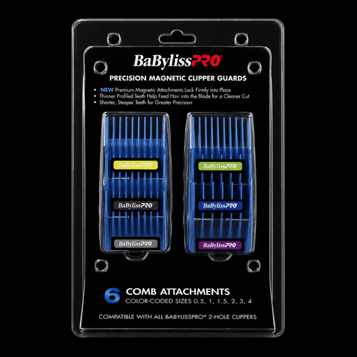 BaBylissPRO Precision Clipper Magnetic Guards – 6-piece color-coded set in retail packaging
