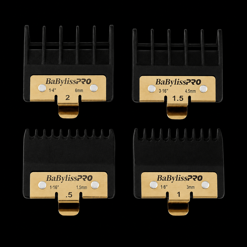 BaBylissPRO Premium Trimmer Guards 4-Piece Set FXPTG – four clipper guard sizes on black background