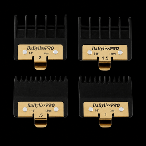 BaBylissPRO Premium Trimmer Guards 4-Piece Set FXPTG – four clipper guard sizes on black background