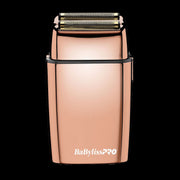 BaBylissPRO FOILFX02 Rose Gold Cordless Metal Double-Foil Shaver #FXFS2RG front view featuring hypoallergenic gold titanium foils.