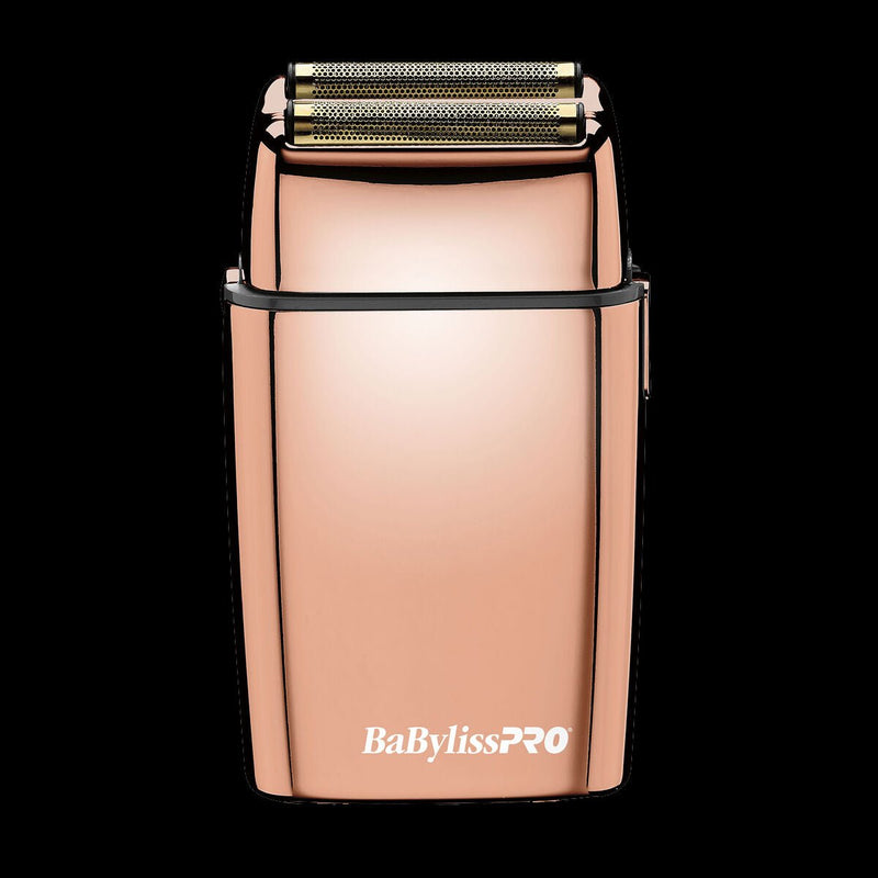 BaBylissPRO FOILFX02 Rose Gold Cordless Metal Double-Foil Shaver #FXFS2RG front view featuring hypoallergenic gold titanium foils.