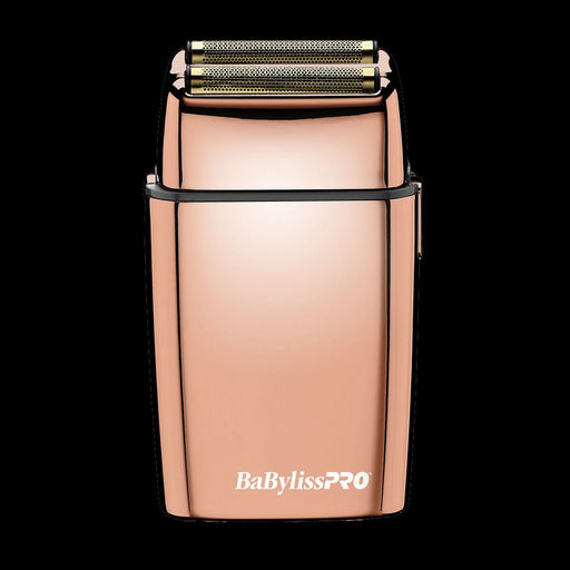 BaBylissPRO FOILFX02 Rose Gold Cordless Metal Double-Foil Shaver #FXFS2RG front view featuring hypoallergenic gold titanium foils.