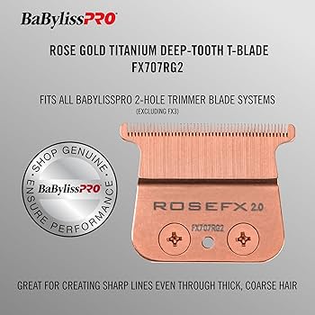Rose gold titanium deep-tooth T-blade with branding and product details on a gray background