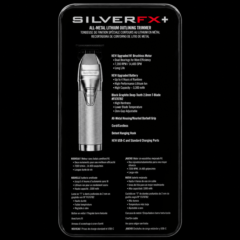 BaBylissPRO SilverFX+ trimmer packaging back specifications and features