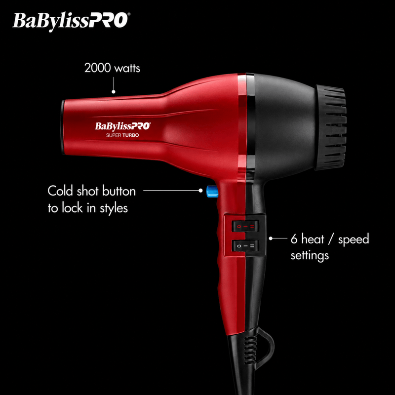 BaBylissPRO Super Turbo Hair Dryer Features 2000 Watts Multiple Heat Settings and Cool Shot Button Available at Primos Barber Supply
