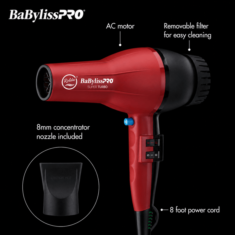 BaBylissPRO Super Turbo Hair Dryer with AC Motor Removable Filter and Concentrator Nozzle Available at Primos Barber Supply