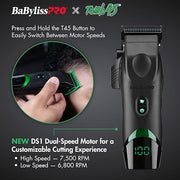 BaBylissPRO hair trimmer with Tomb45 branding and product features highlighted on a dark background.