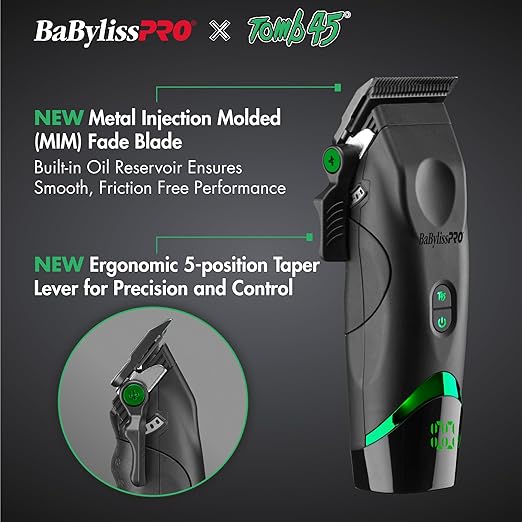 BaBylissPRO hair trimmer with Tomb45 branding on a dark background