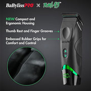 BaBylissPro hair trimmer with features highlighted on a dark background
