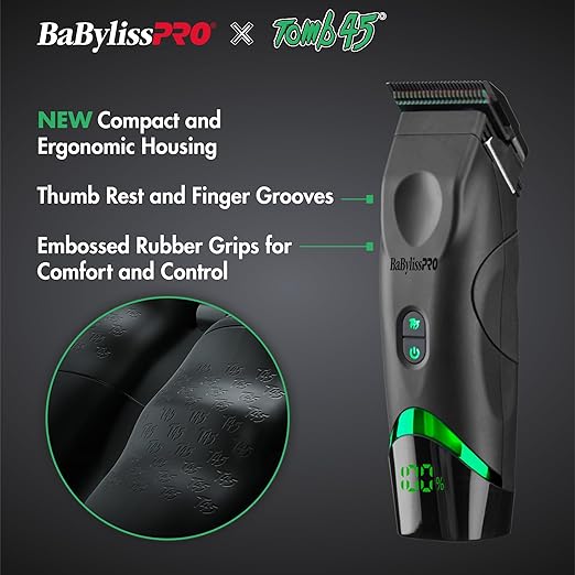 BaBylissPro hair trimmer with features highlighted on a dark background