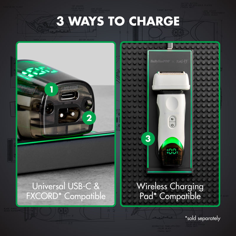 BaBylissPRO x Tomb45 shaver 3 ways to charge: USB-C, FXCORD, and wireless charging pad (sold separately)