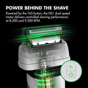 BaBylissPRO x Tomb45 shaver cutaway showing the DS1 dual-speed motor at 8,500 and 9,500 RPM and the T45 power button