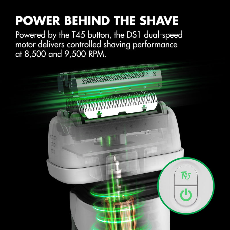 BaBylissPRO x Tomb45 shaver cutaway showing the DS1 dual-speed motor at 8,500 and 9,500 RPM and the T45 power button