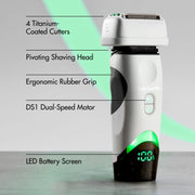 BaBylissPRO x Tomb45 white shaver feature callouts: 4 titanium-coated cutters, pivoting head, rubber grip, DS1 motor, LED screen