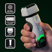 Hand holding the BaBylissPRO x Tomb45 white shaver beside icons for dual-speed motor, 1.5-hour runtime, quad head, compact housing