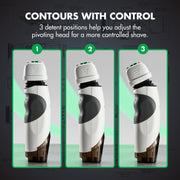 BaBylissPRO x Tomb45 white shaver shown in its 3 pivoting head detent positions