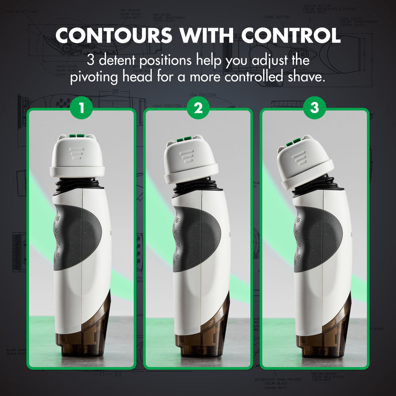 BaBylissPRO x Tomb45 white shaver shown in its 3 pivoting head detent positions