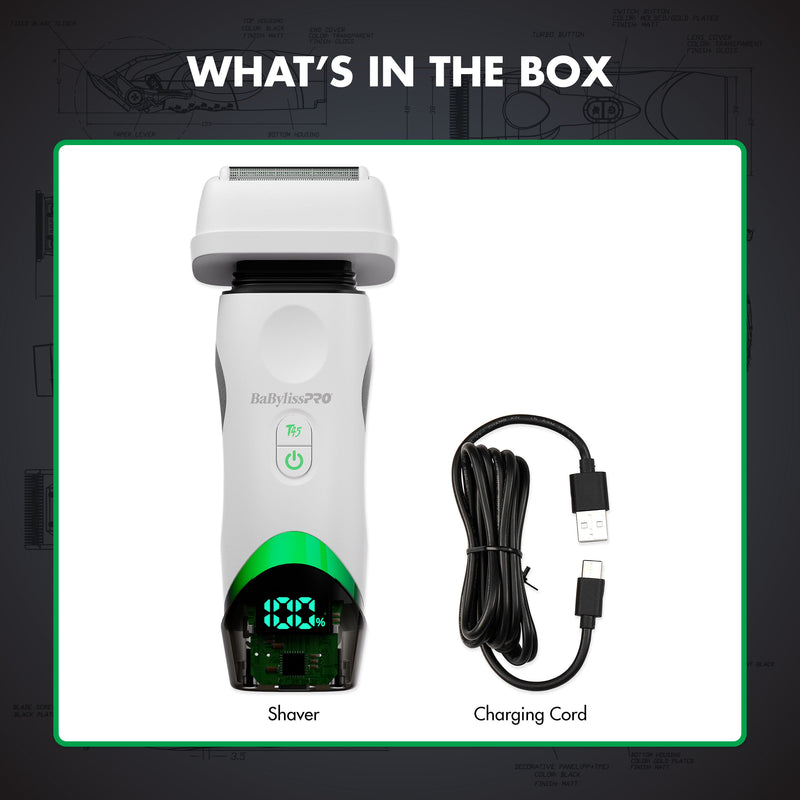What's in the box: BaBylissPRO x Tomb45 white FXT45FSTW shaver and USB-C charging cord