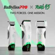 BaBylissPRO x Tomb45 white trimmer, clipper and foil shaver standing on a grey surface under the Two Forces One Mission banner