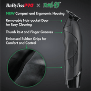 BaBylissPRO hair trimmer with features highlighted on a dark background