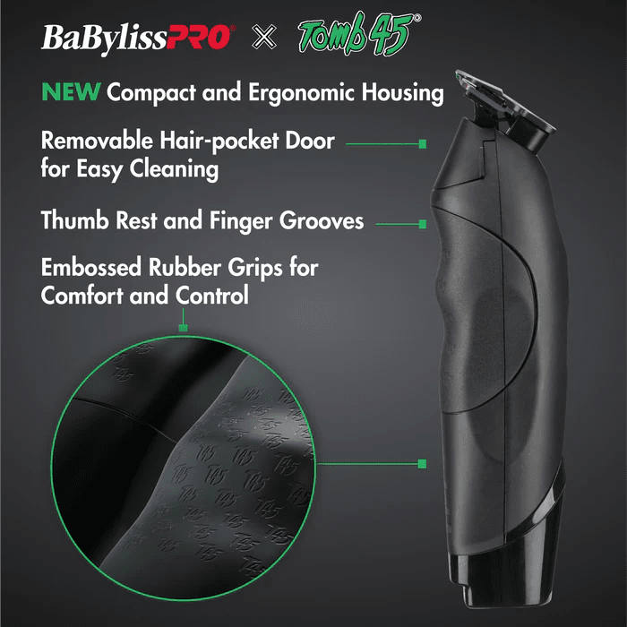 BaBylissPRO hair trimmer with features highlighted on a dark background