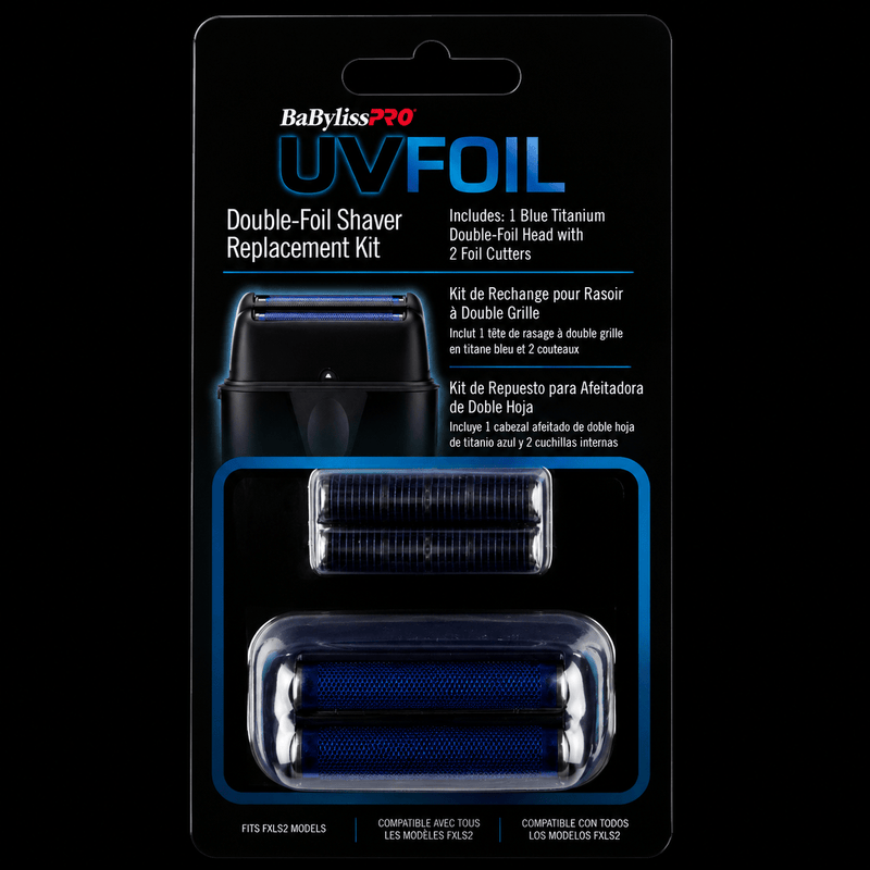 BaBylissPro UVFoil Double-Foil Shaver Replacement Kit packaging on a black background