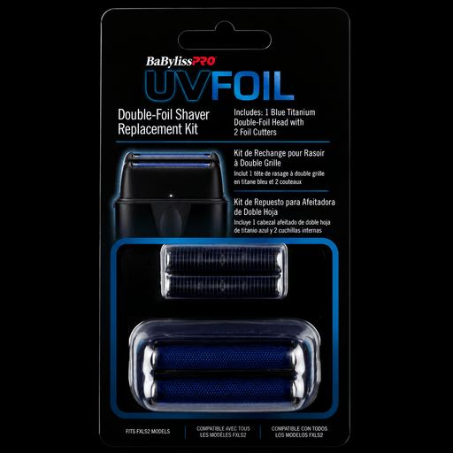 BaBylissPro UVFoil Double-Foil Shaver Replacement Kit packaging on a black background