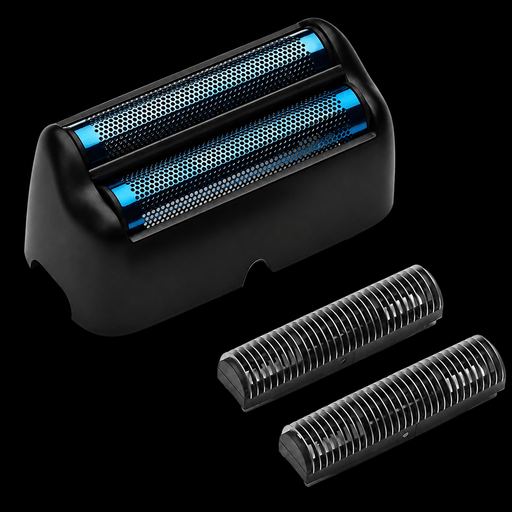 Black electric shaver head with blue accents on a black background
