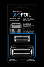 BaBylissPRO UVFoil Double-Foil Shaver Replacement Kit packaging on a black background