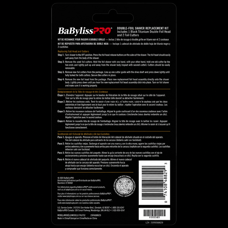 Back of a BabylissPro double foil shaver replacement kit packaging with text and barcode.