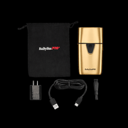 BaBylissPRO UVFOIL gold shaver kit with pouch charger cable and brush