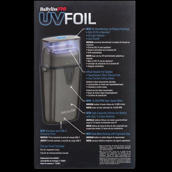 BaBylissPRO UVFOIL black FXLFS2 shaver features UV lid titanium foils high speed motor