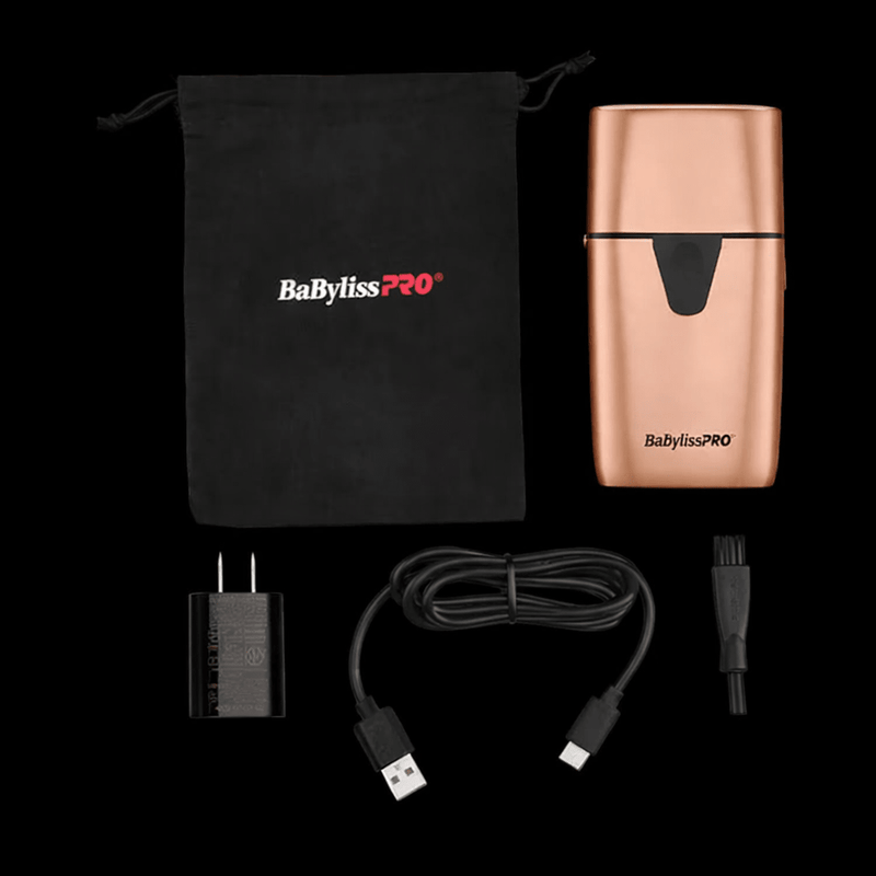 BaBylissPRO UVFOIL rose gold shaver kit with pouch charger cable and brush
