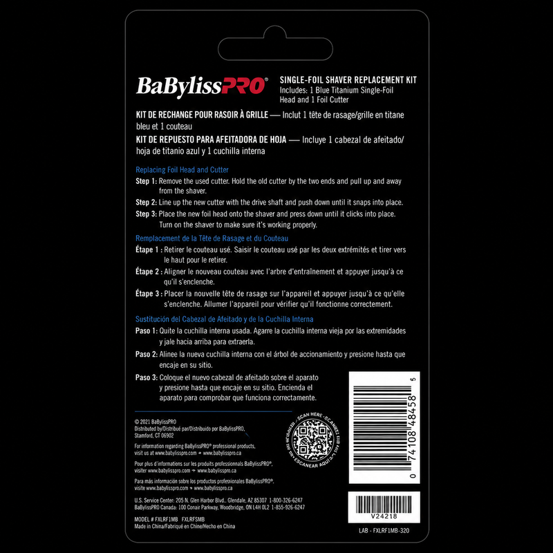 BaBylissPRO UVFOIL Single-Foil Replacement Kit FXLRF1MB packaging back with installation instructions