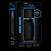 Boxed shaver with UV disinfection feature on a black background