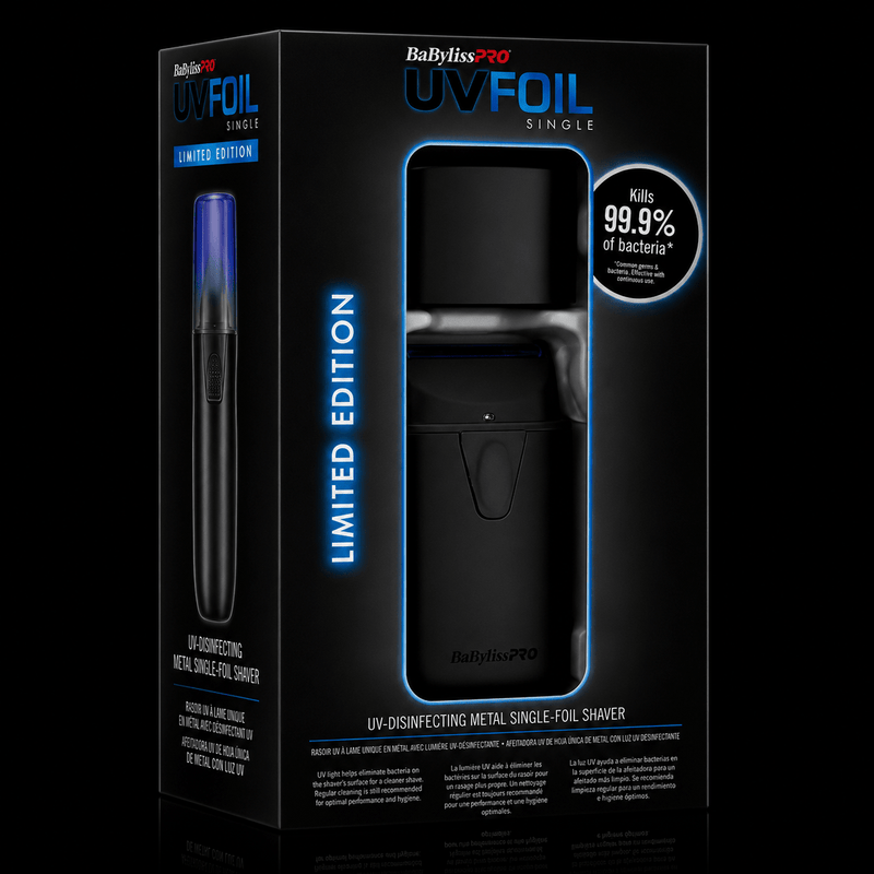 Boxed shaver with UV disinfection feature on a black background
