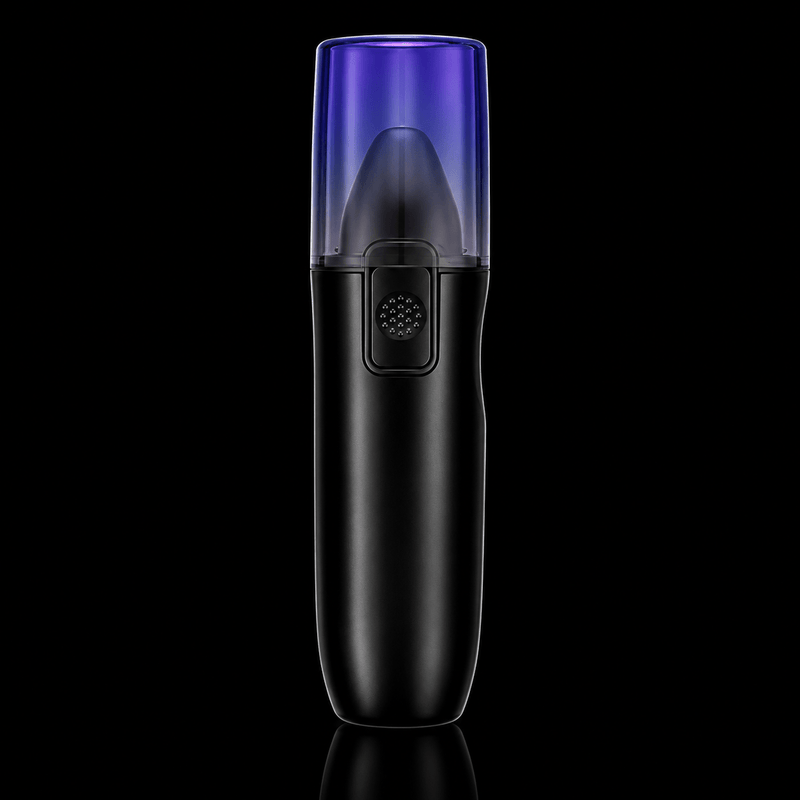 Black handheld device with a purple top on a black background