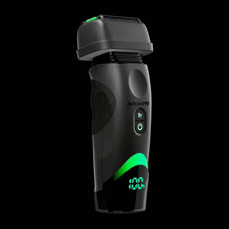 BaBylissPRO x Tomb45 FXT45FS double-foil shaver angled view with LED battery display