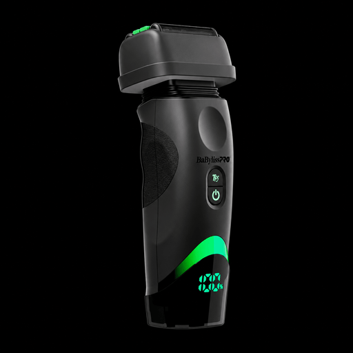BaBylissPRO x Tomb45 FXT45FS double-foil shaver angled view with LED battery display