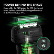 BaBylissPRO x Tomb45 FXT45FS dual-speed motor infographic showing 8,500 and 9,500 RPM settings