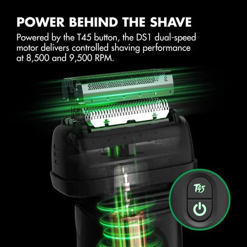 BaBylissPRO x Tomb45 FXT45FS dual-speed motor infographic showing 8,500 and 9,500 RPM settings