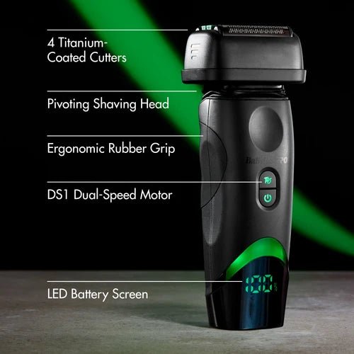 BaBylissPRO x Tomb45 FXT45FS features infographic showing cutters, pivoting head, grip, motor and LED screen