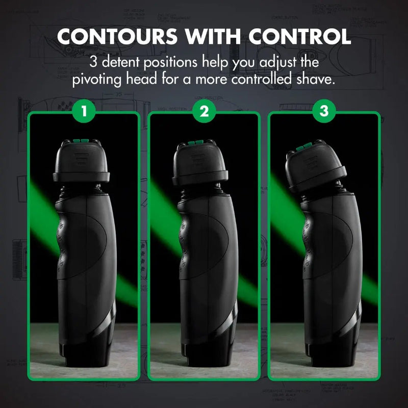 BaBylissPRO x Tomb45 FXT45FS pivoting shaving head infographic showing three detent positions