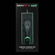 BaBylissPRO wireless charging pad packaging with brand logos on a black background