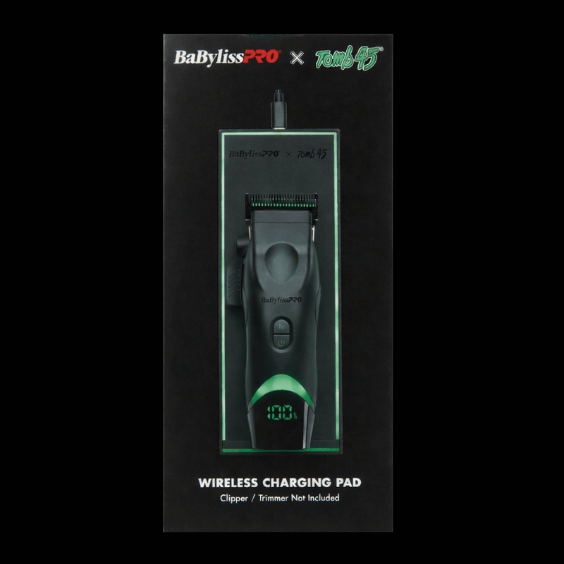 BaBylissPRO wireless charging pad packaging with brand logos on a black background