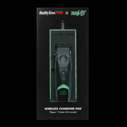 BaBylissPRO wireless charging pad packaging with brand logos on a black background